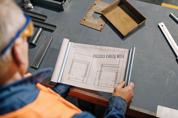Engineer reviewing aluminum welding frame blueprint (ID#2)