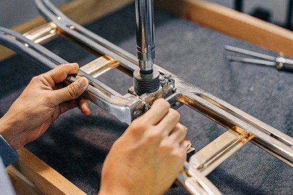 Technician assembling metal frame components (ID#3)