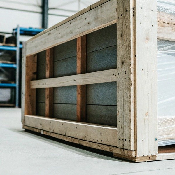 Wooden crate packaging close-up in warehouse (ID#1)