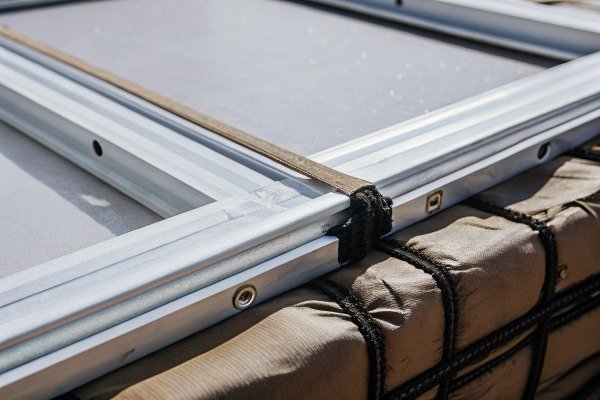 Metal frame secured with straps close-up (ID#3)