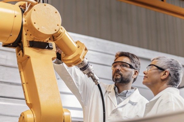 Engineers inspecting robotic arm machinery (ID#2)