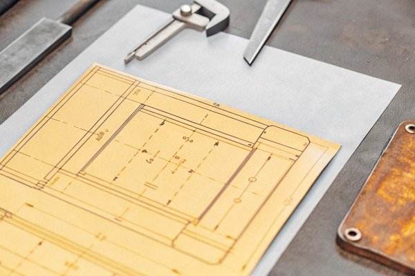 Technical drawing with measuring tools on table (ID#3)