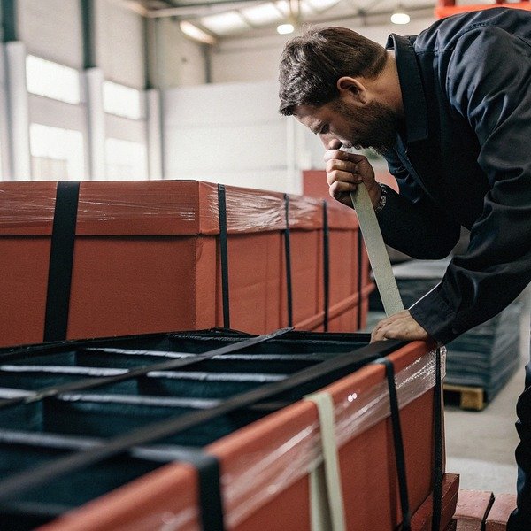 Man inspecting large packaged crates in warehouse (ID#1)