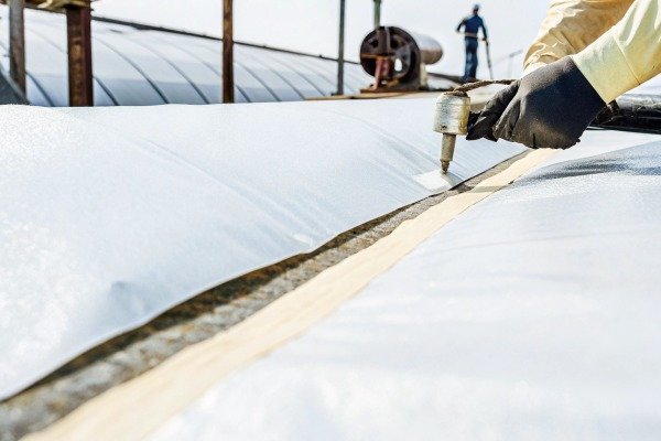 Worker sealing greenhouse plastic cover (ID#2)