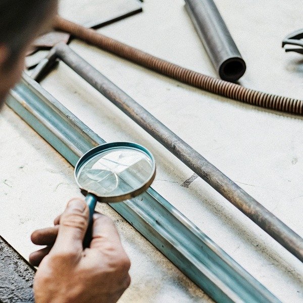 Person inspecting metal rods with magnifying glass (ID#1)