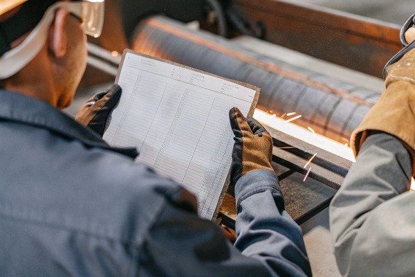 Worker reviewing checklist near machinery (ID#3)