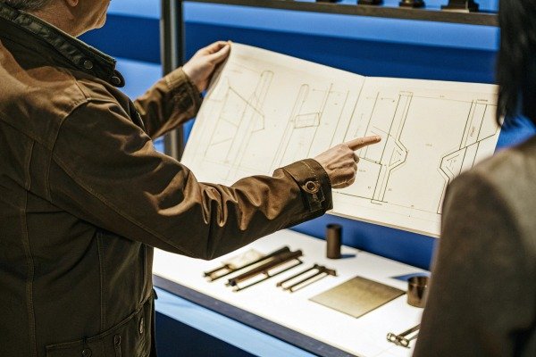 Person pointing at technical blueprint drawing (ID#3)