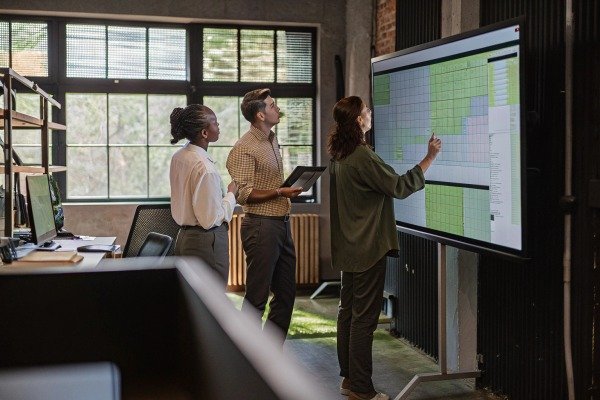 Team analyzing data on large screen (ID#3)