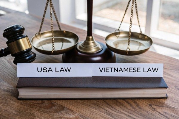 Scales of justice with USA and Vietnamese law labels (ID#3)