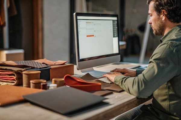 Man working on computer at desk with leather goods (ID#5)