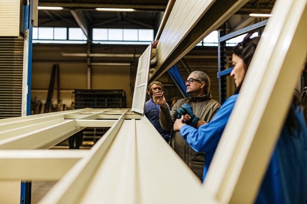 Workers inspecting metal frames in factory (ID#2)