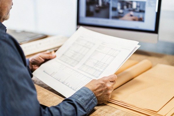 Person reviewing documents at desk with computer (ID#5)