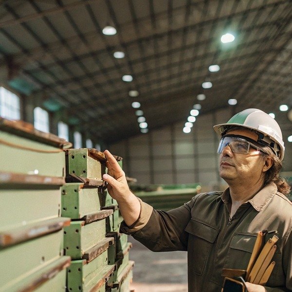 Worker inspecting metal parts in factory (ID#1)