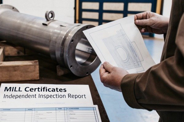 Engineer reviewing technical drawing near machinery (ID#3)