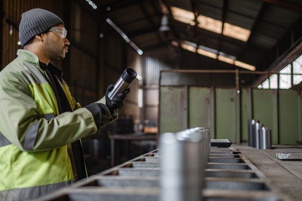 Worker examining metal cylinder in factory (ID#4)