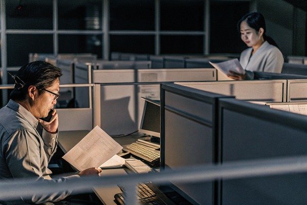 Office workers reviewing papers at cubicles (ID#4)