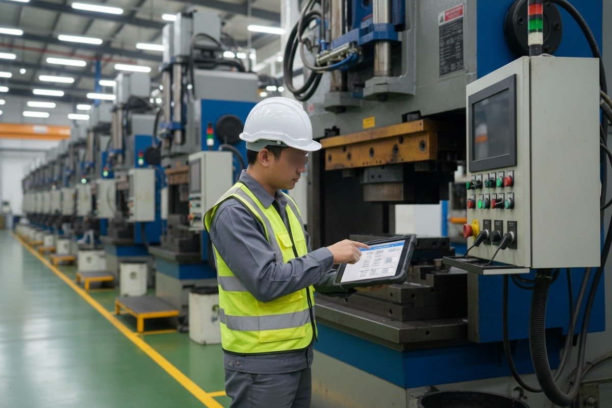 Auditor inspecting industrial stamping machine and maintenance logs at a Vietnam factory site (ID#1)