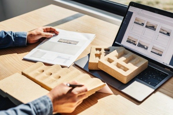 Manager reviewing sourcing documents at modern office desk (ID#1)