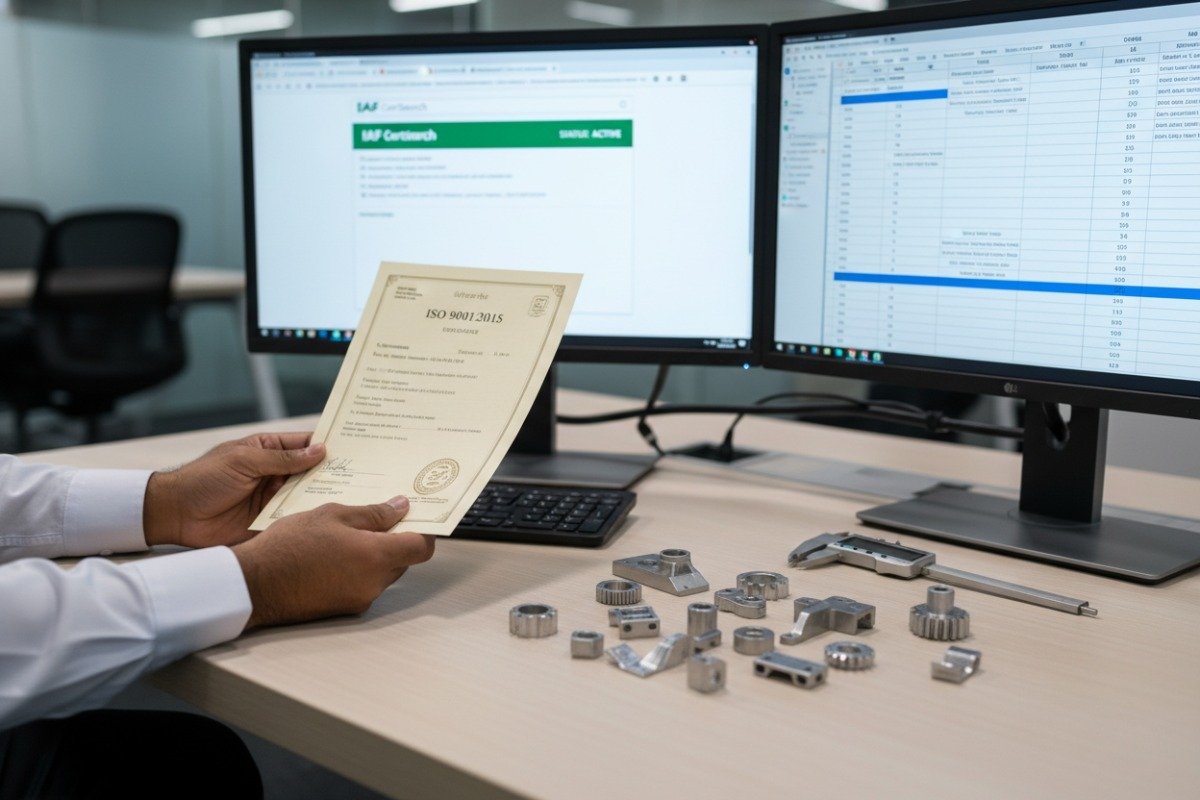Professional purchasing manager verifying ISO 9001 certification for metal stamping parts supplier authenticity (ID#1)