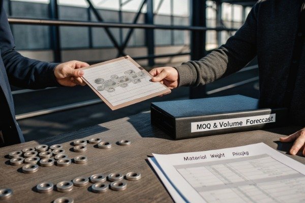 Engineer presenting volume commitment to supplier in factory meeting (ID#2)