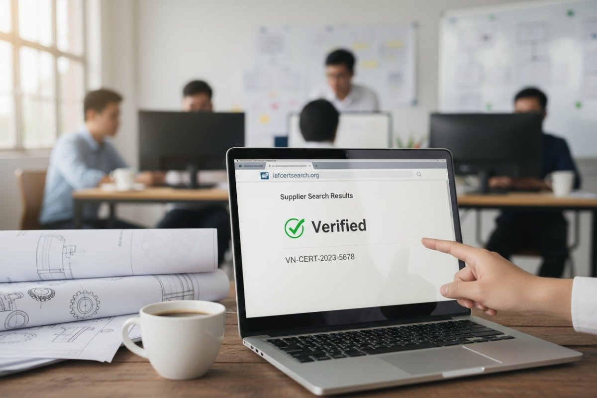 Laptop screen displaying the official IAF CertSearch website for verifying supplier ISO certificate authenticity (ID#2)