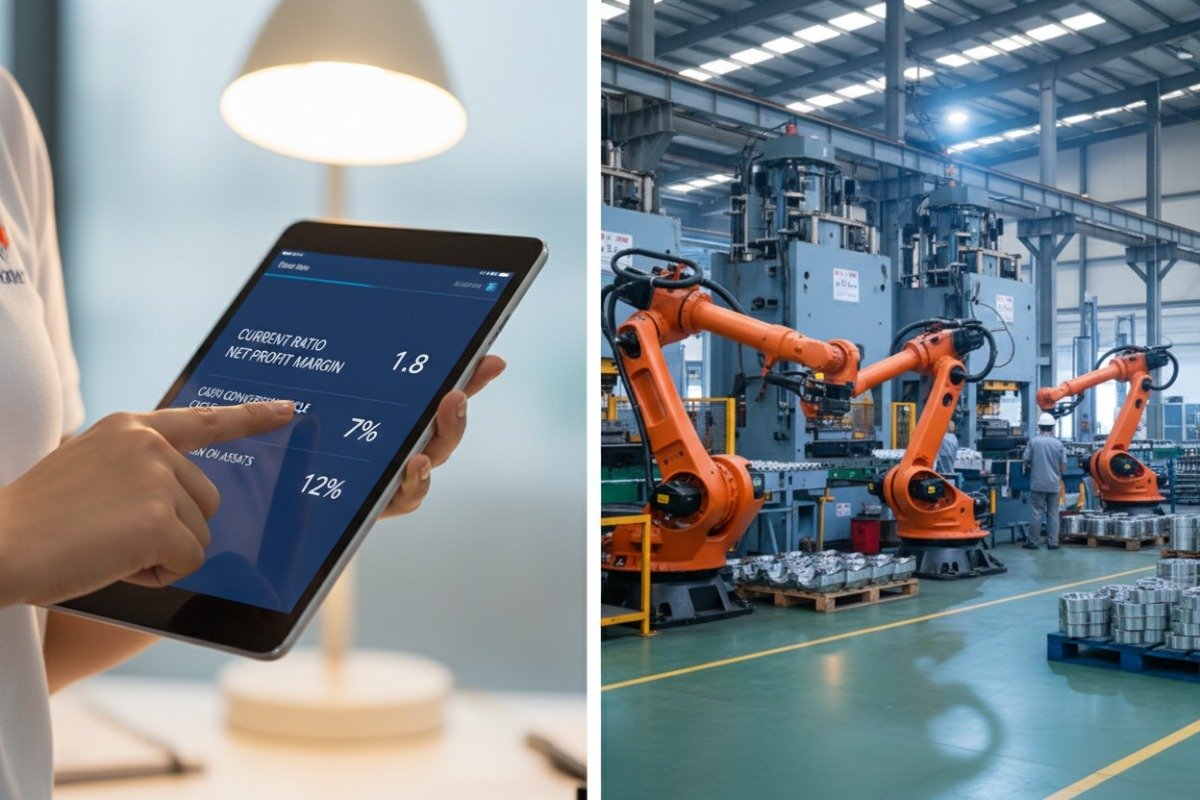 Key Financial Indicators Evaluation Tablet displaying key financial indicators like current ratio and profit margins for manufacturing (ID#2)