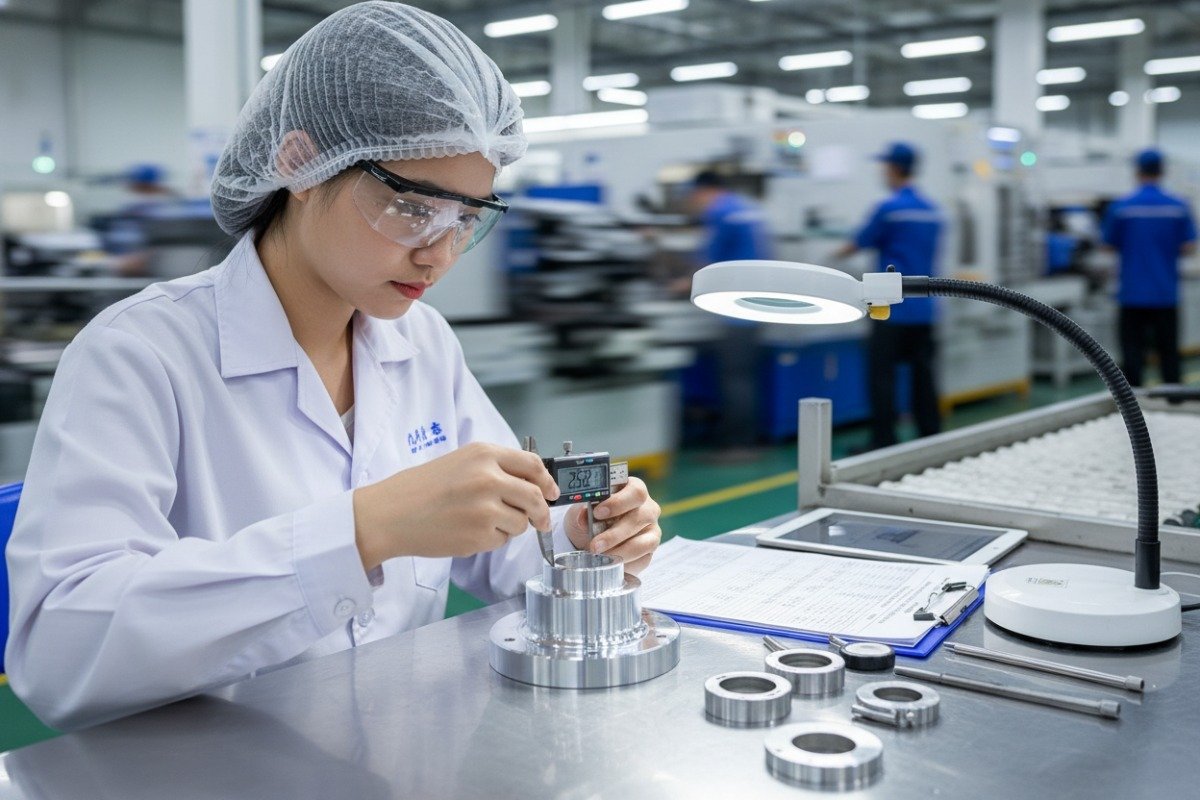 Shop Floor Quality Control Active IPQC station next to stamping lines performing hourly quality control checks (ID#3)