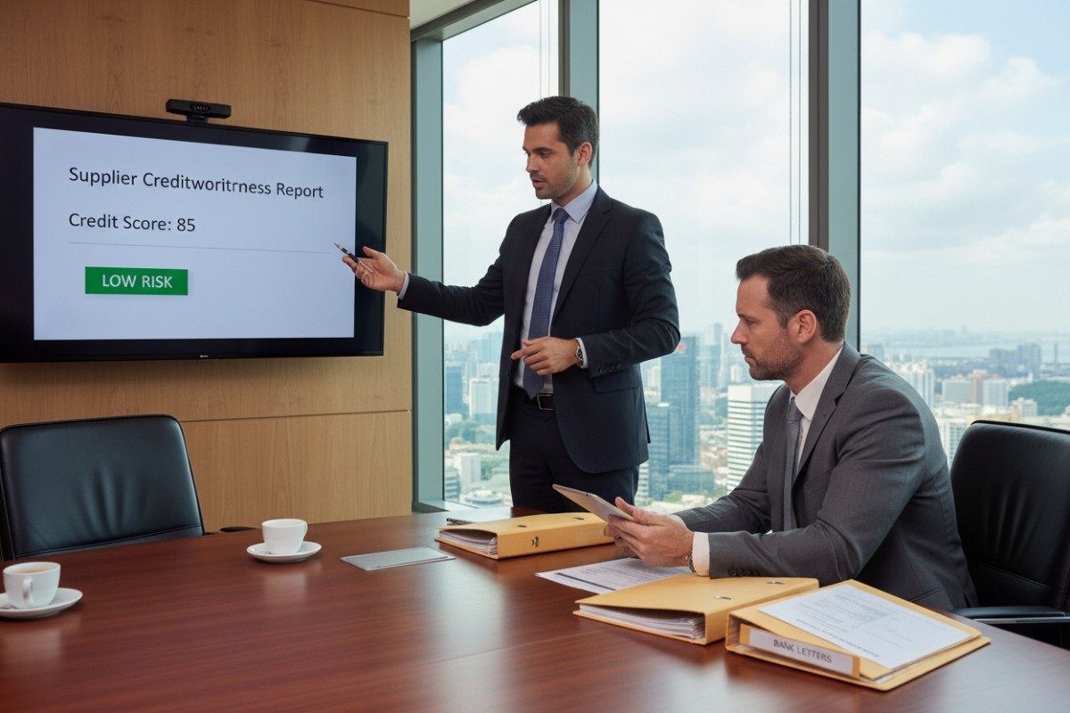 Verifying Supplier Creditworthiness Business meeting reviewing bank and trade references to verify manufacturing partner creditworthiness (ID#3)