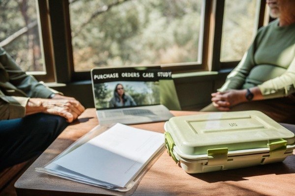 Buyer reviewing redacted purchase orders and American company case studies with supplier (ID#4)