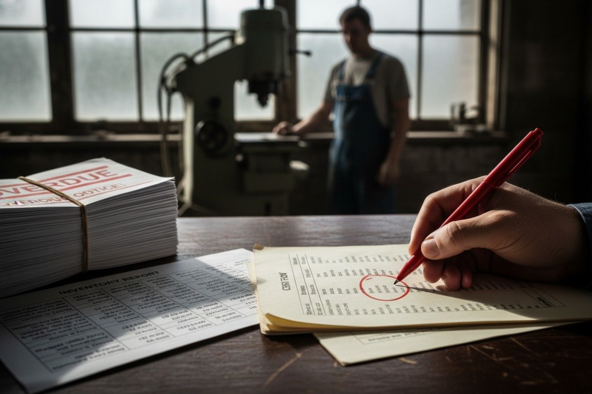 Supplier Financial Red Flags Close up of financial reports highlighting red flags like declining cash flow and inventory (ID#4)