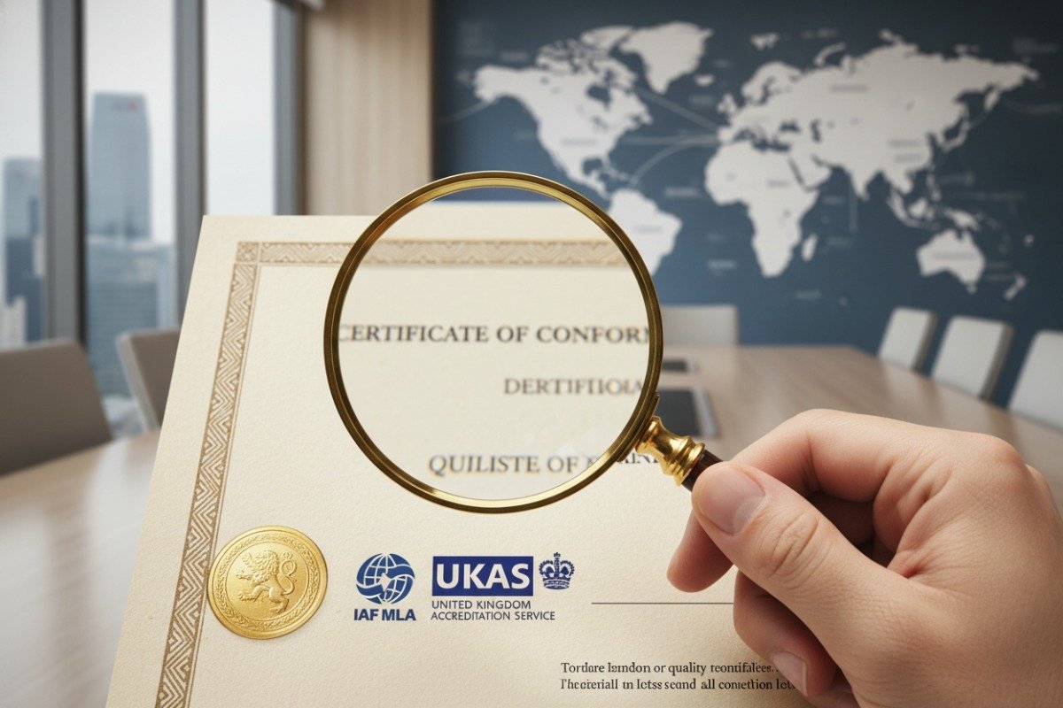 Hand holding magnifying glass over quality certificate to confirm recognized accreditation body logos (ID#4)