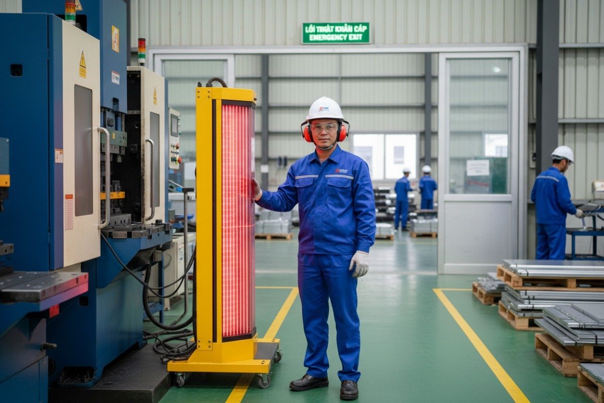 Environmental and Safety Standards Factory worker following safety standards and wearing PPE at a Vietnam stamping facility (ID#5)