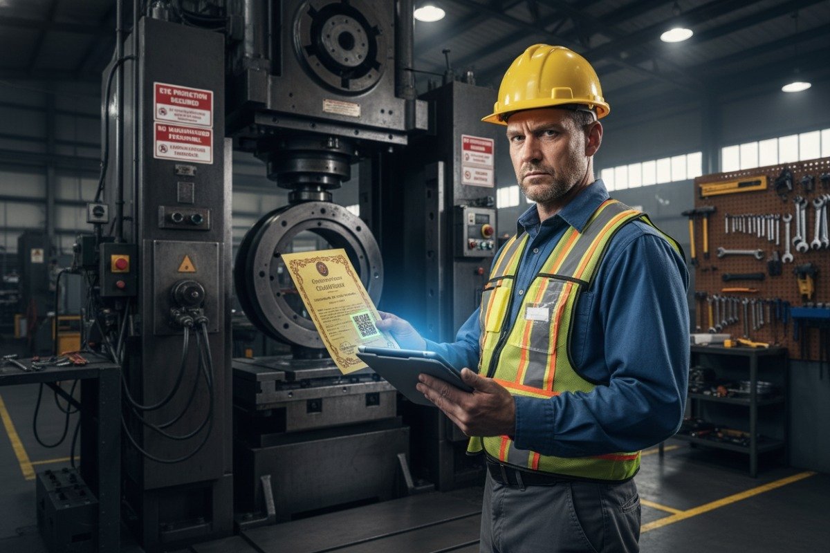 Quality auditor using tablet to investigate factory certificate and verify active quality management systems (ID#5)