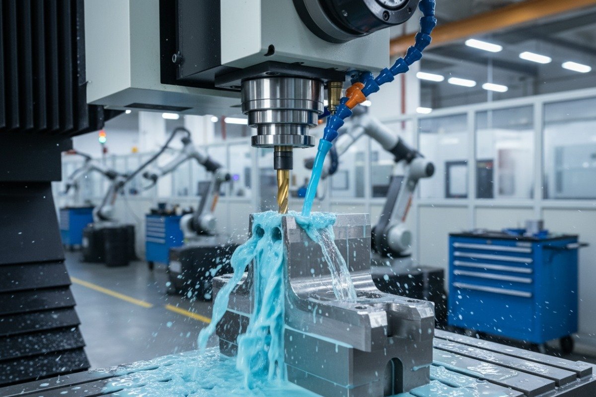 Precision CNC milling machine processing stainless steel components with high-end coolant (ID#1)