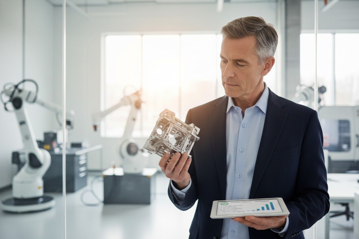 Professional purchasing manager evaluating precision manufacturing services for technical capabilities and quality (ID#1)