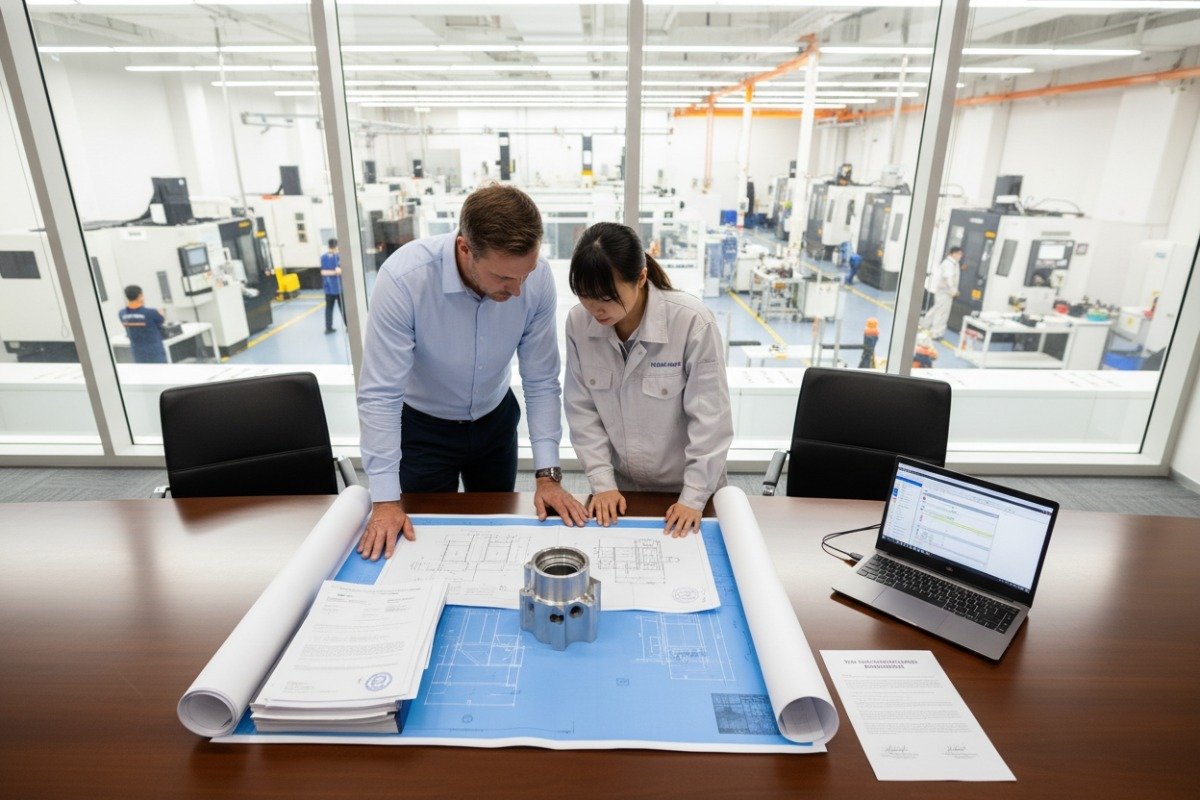 Technical documents on a factory table for selecting a reliable bespoke manufacturing partner (ID#1)
