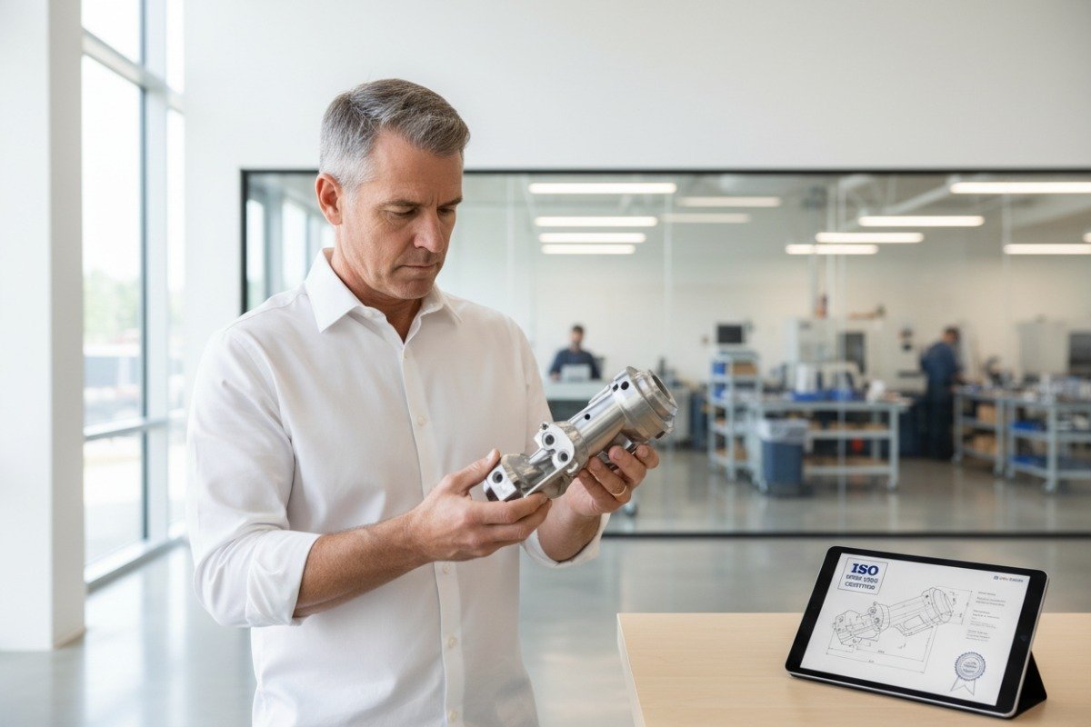 Professional purchasing manager evaluating reliable CNC machining services and quality certifications for custom parts (ID#1)