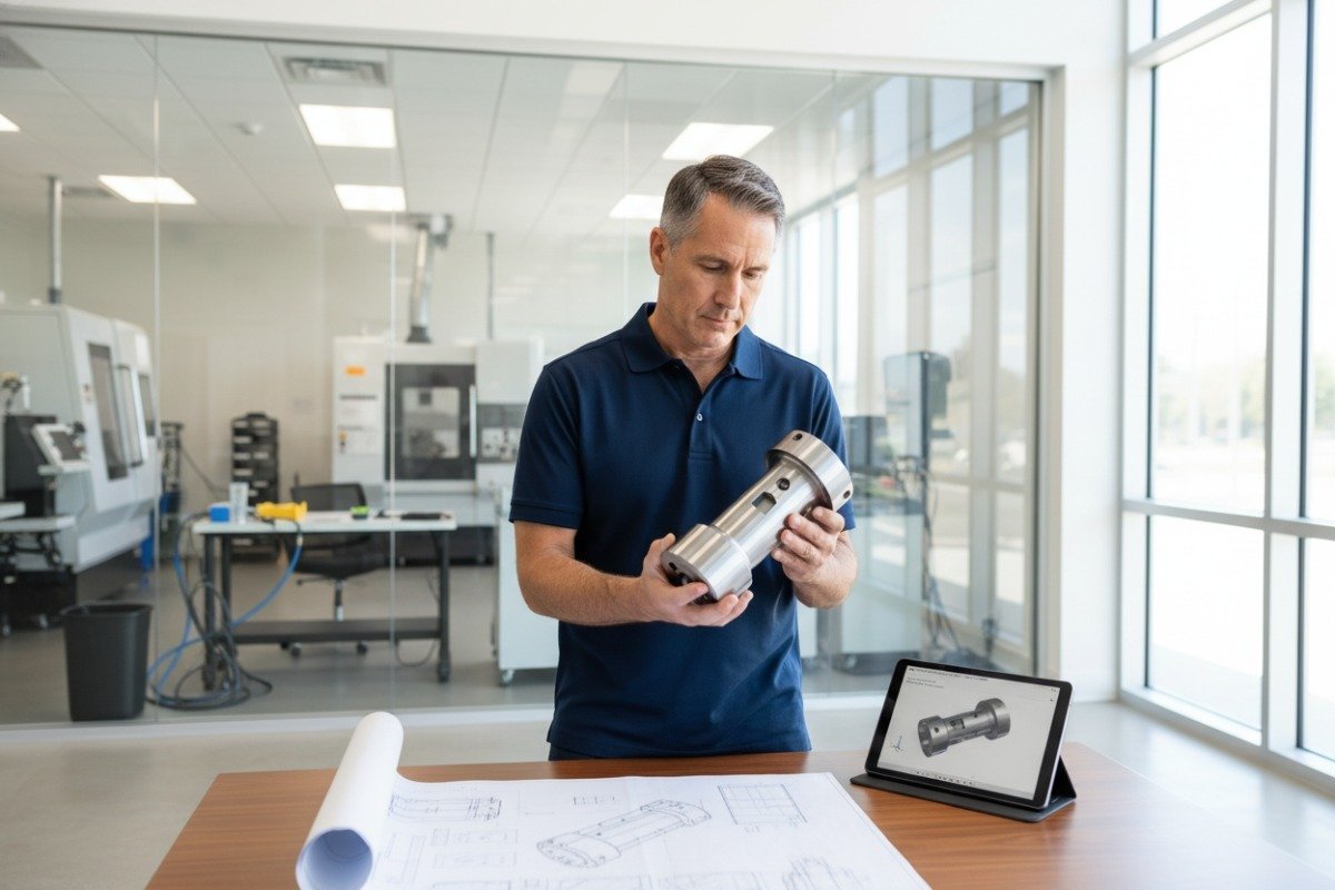 Professional purchasing manager reviewing high-quality made-to-order steel parts from a manufacturer (ID#1)