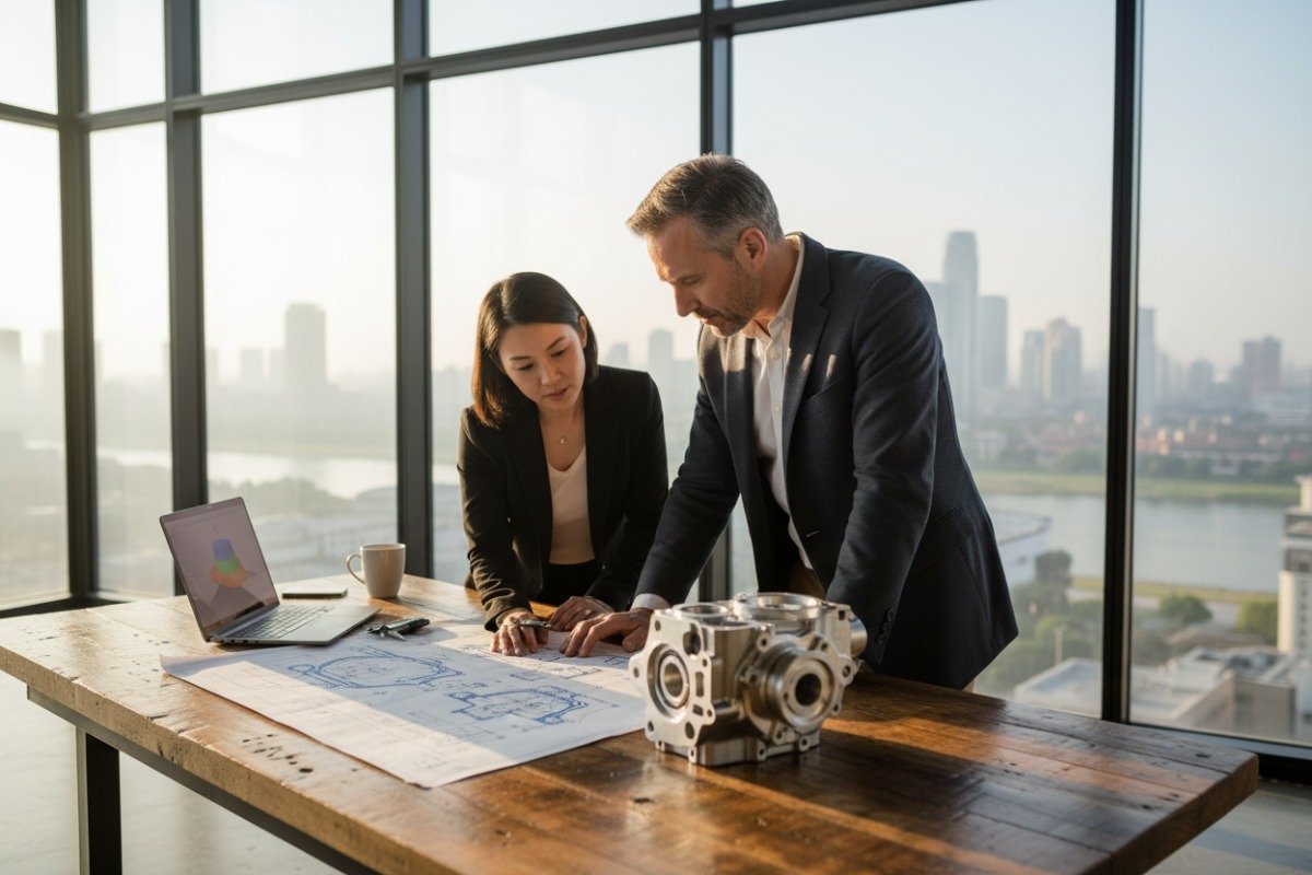 Professional meeting discussing engineering drawings for sourcing custom parts from China (ID#1)