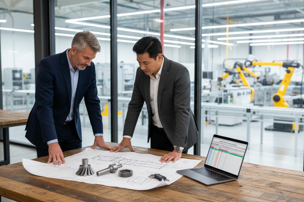 Detailed blueprint and metal parts on a table for custom parts manufacturer selection (ID#1)