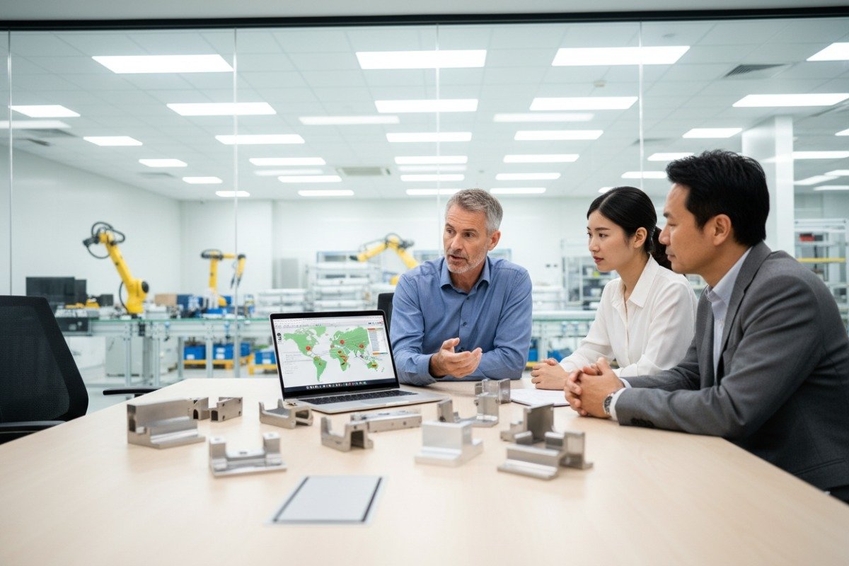 Professional business meeting discussing custom metal fabrication engineering and quality certifications (ID#1)