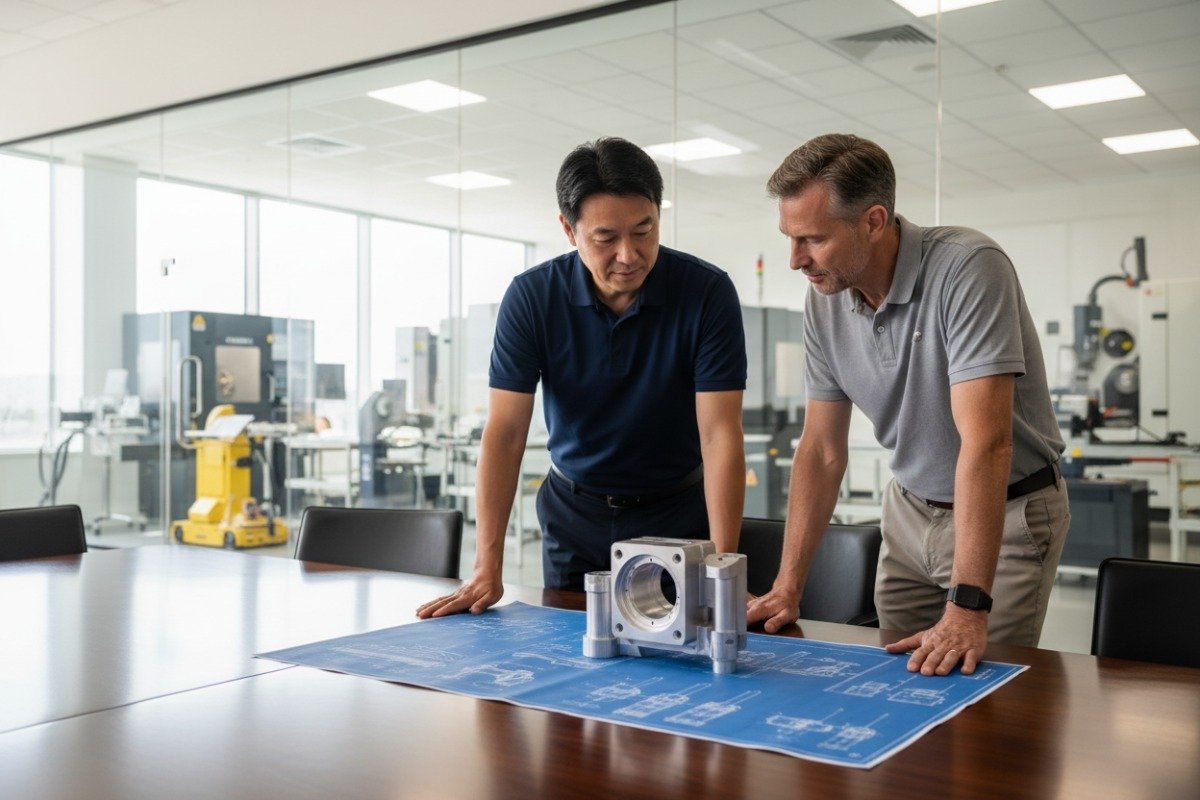 Professional engineer reviewing complex part drawings for CNC turning service selection (ID#1)