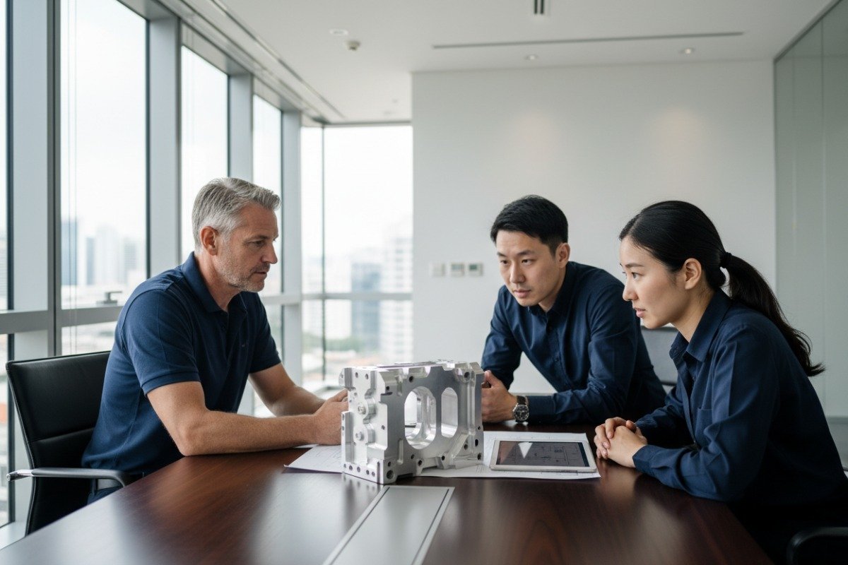 Professional team evaluating prototype CNC machining partners in a modern Singapore office (ID#1)
