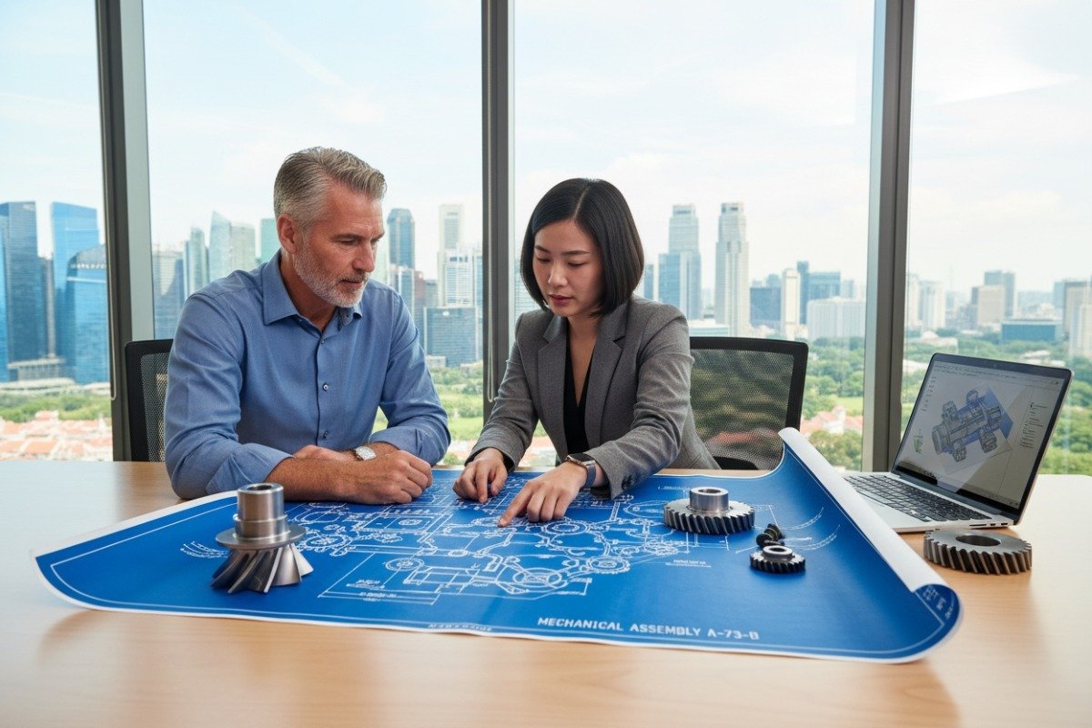 Professional reviewing technical drawings for sourcing high-quality made-to-print parts from China (ID#1)