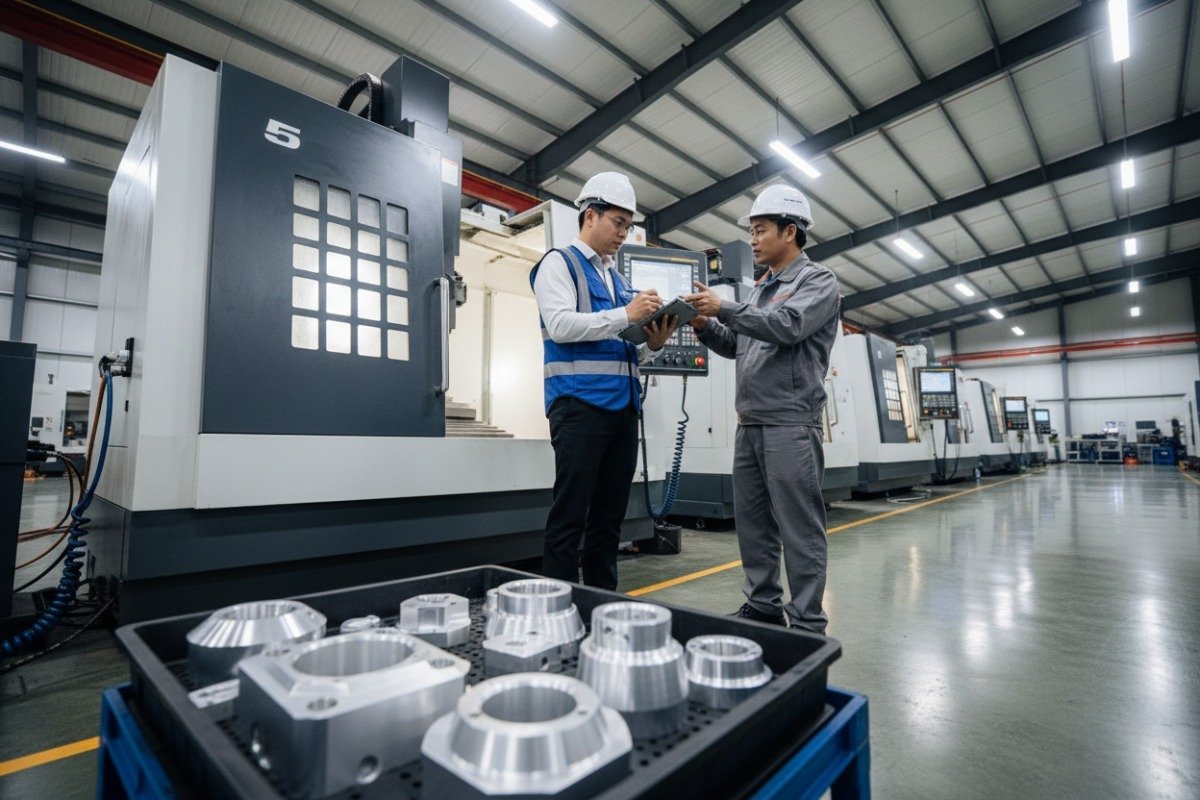 Vetting Manufacturer Capabilities Professional audit of high-precision CNC digital machining equipment at a custom parts factory (ID#2)