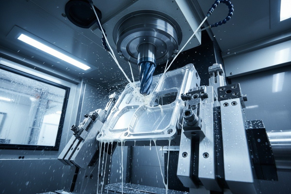 Aluminum Machining Capabilities Detailed close-up of multi-axis CNC machining for high-quality aluminum part production (ID#2)