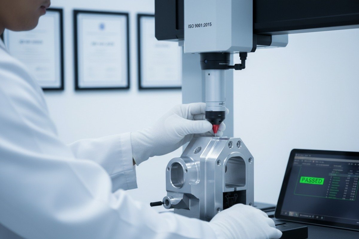 Inspector using a precision CMM machine for quality control and ISO certification verification (ID#2)