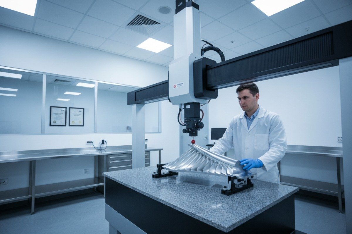 Evaluating Technical Capabilities Technician in a temperature-controlled lab verifying CNC machining quality certifications and precision (ID#2)