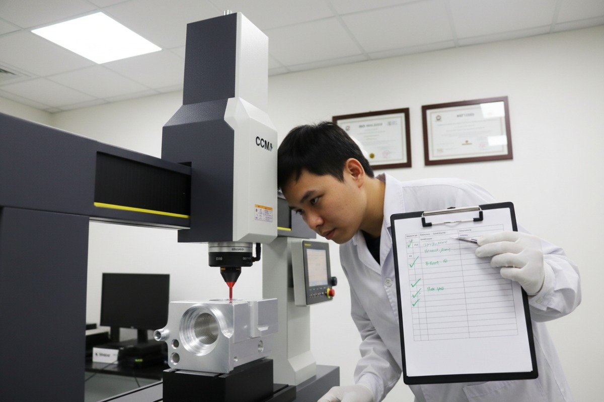Measuring machine inspecting machined metal parts to vet quality and reliability of manufacturers (ID#2)
