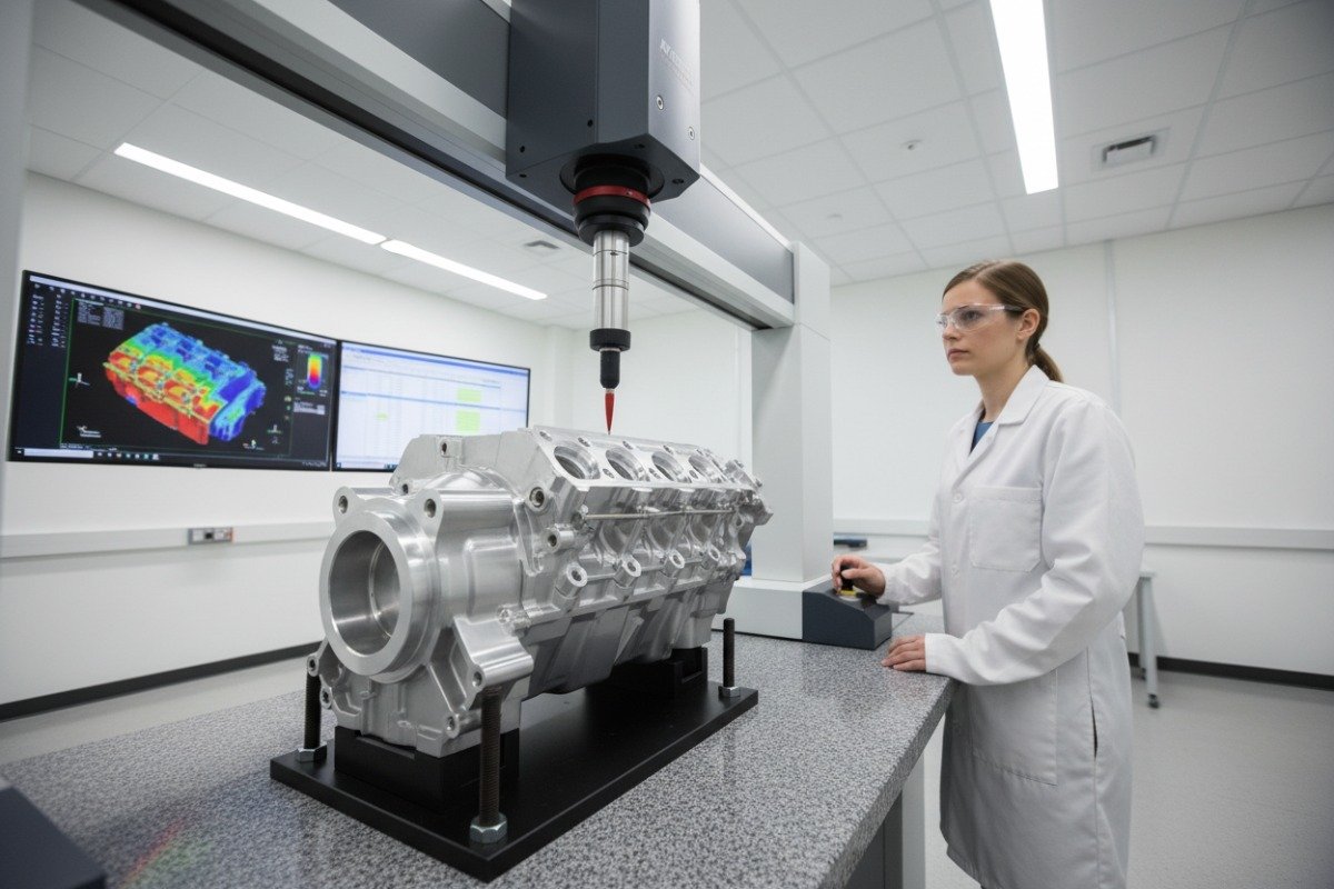 Verifying Quality Control Standards Precision CMM probe inspecting parts in a high-tech quality control laboratory for CNC standards (ID#2)